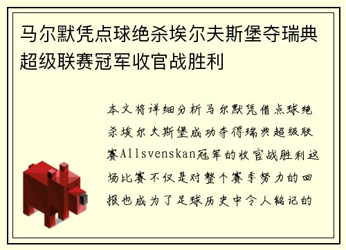 马尔默凭点球绝杀埃尔夫斯堡夺瑞典超级联赛冠军收官战胜利